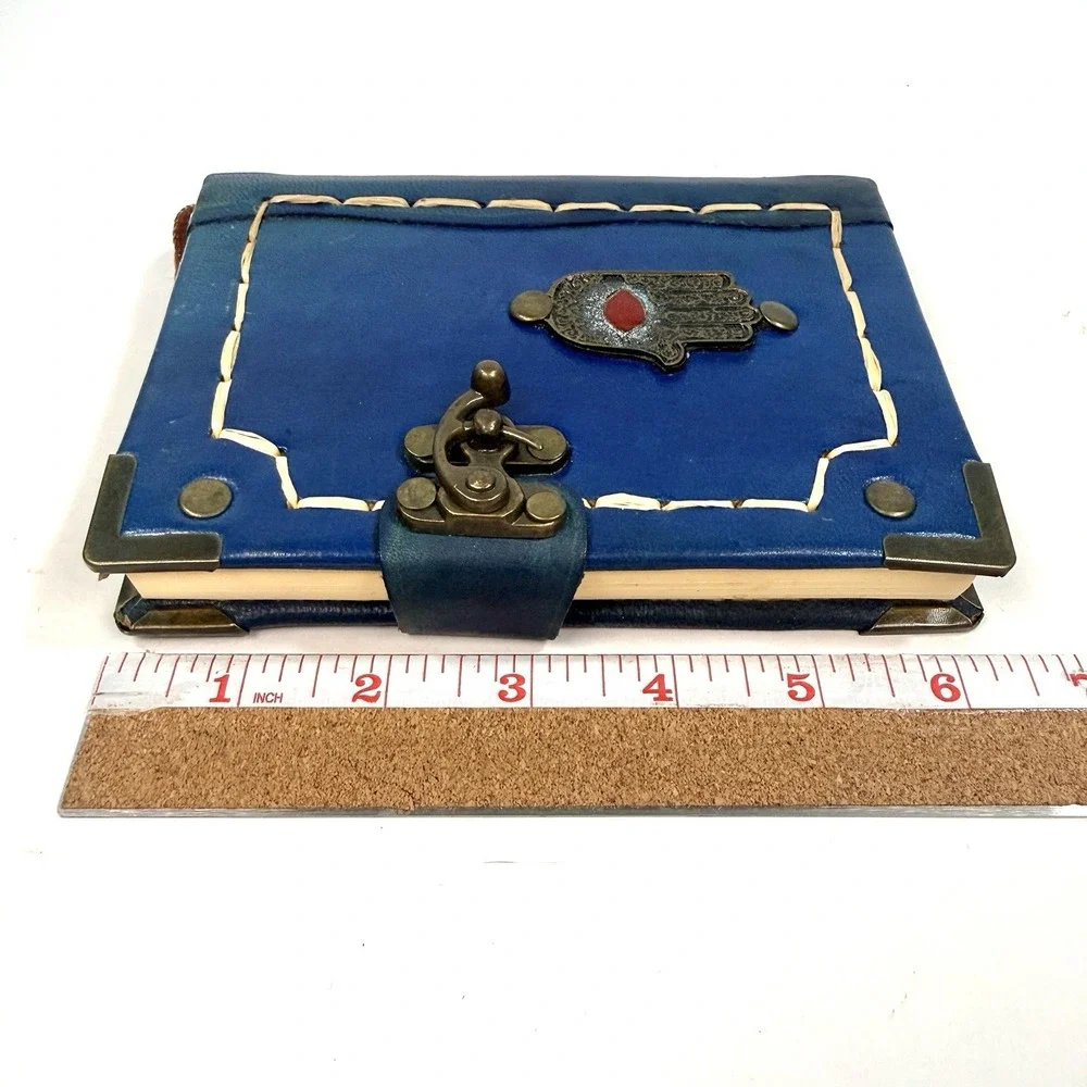 Vintage Handmade Leather Journal Hamsa Evil Eye Locking Blank Notebook Blue 6.5